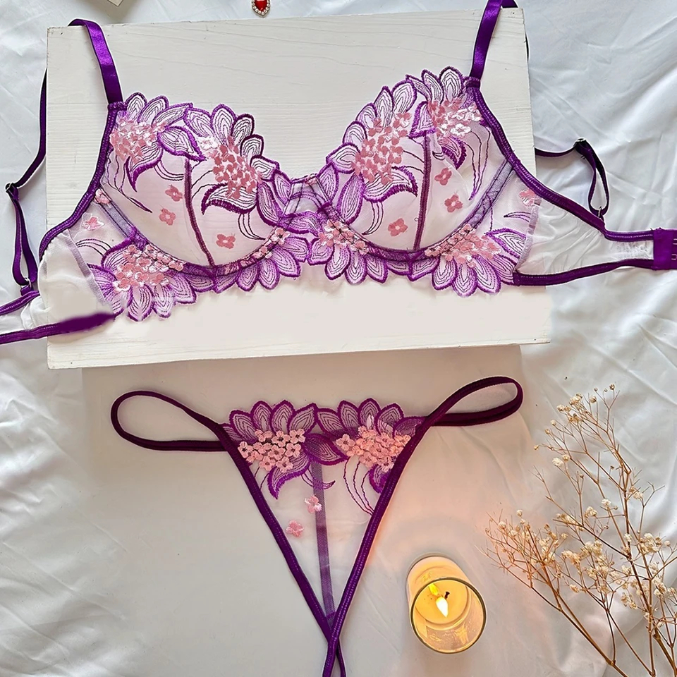 Sexy Nighty Underwear Set For Women Transparent Bra Thong Breifs Lingerie Flower Embroidery Nightwear Suit Erotic Sleepwear